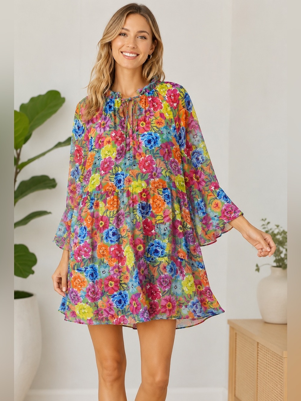 Bright Floral Peasant Tunic Dress